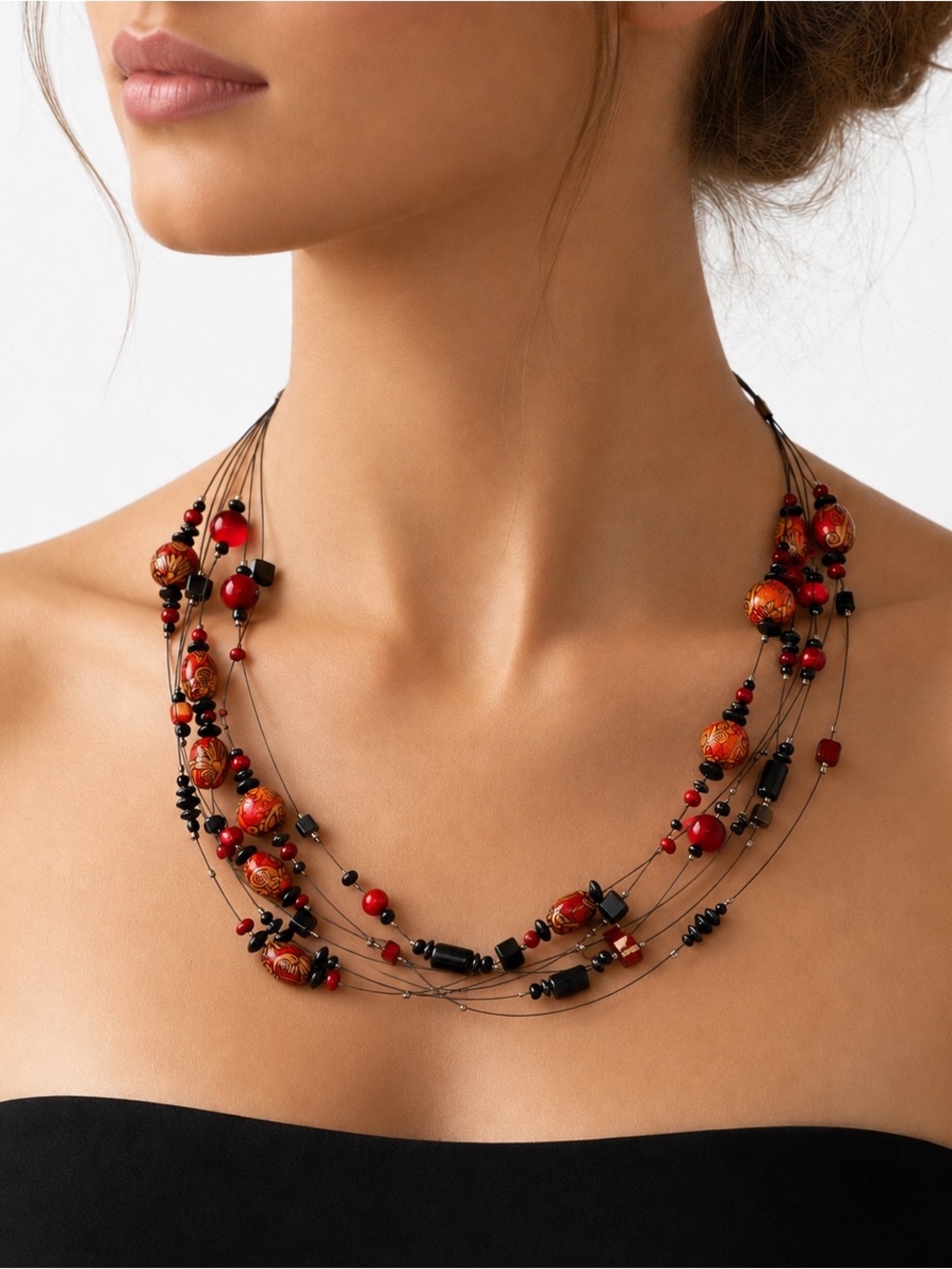 Elegant Multi-Strand Red and Black Necklace